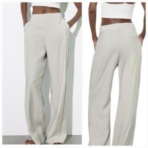 Zara Wide‎ Leg Full Length High-Waist Pleated Trousers XS Ecru Feminine Luxury
